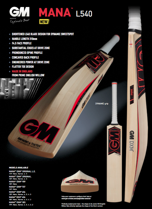 GM Gunn & Moore Cricket Mana L540 404 Mens Seasoned Grade 3 English Willow Bat 